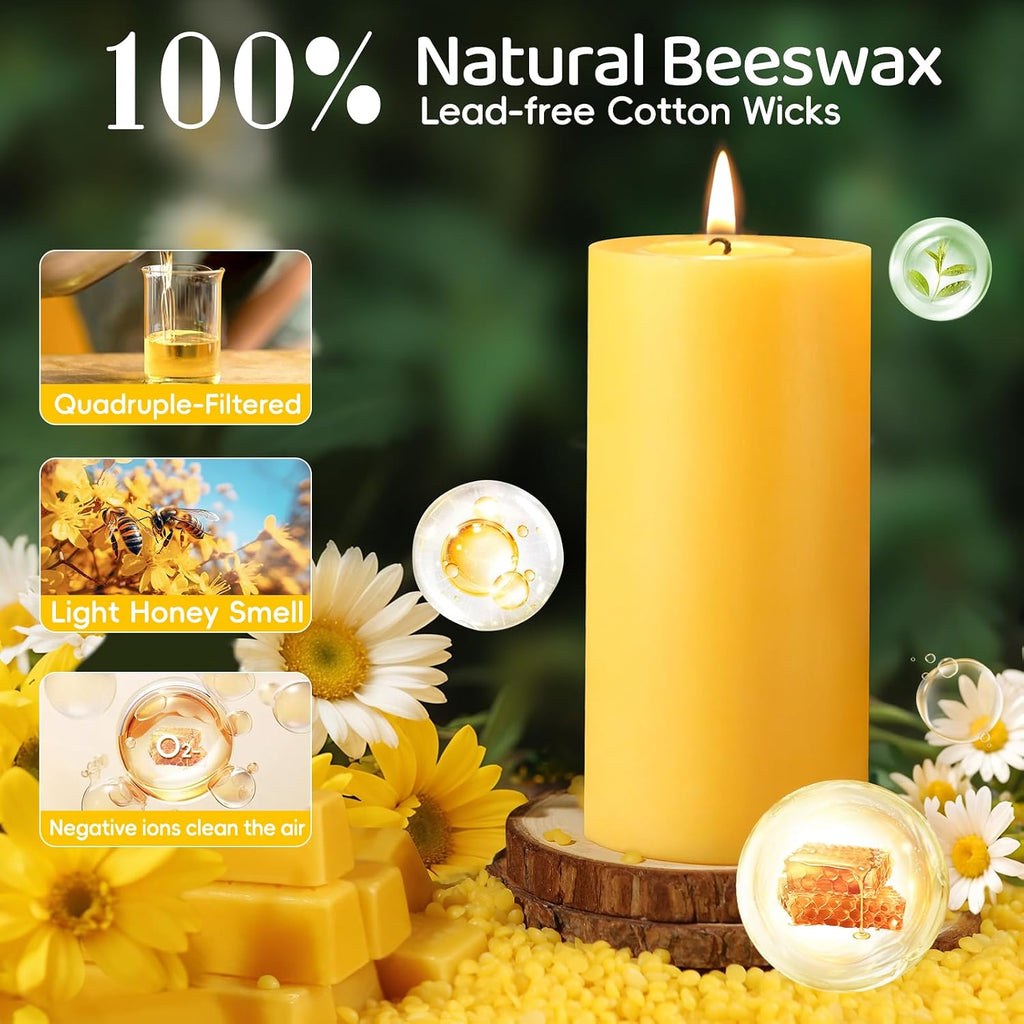 Natural Beeswax Pillar Candles, Non Toxic,2.8x6 inch,2 Pack,285 H Long Burn