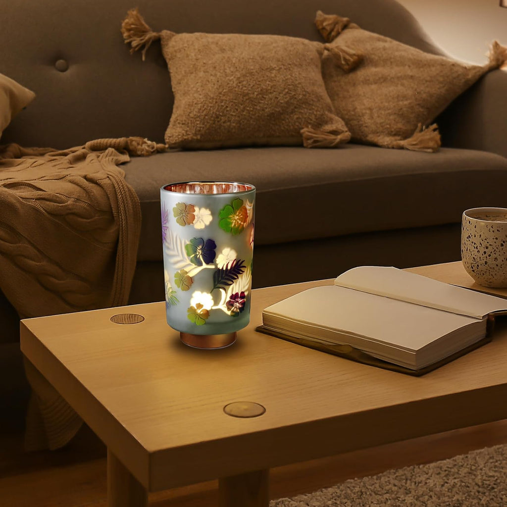 Eywamage 7" Tall Battery Operated Table Lamp, Floral Glass Lamp with Remote Timer, Cordless Accent Lamp Lights for Bedroom Living Room Kitchen