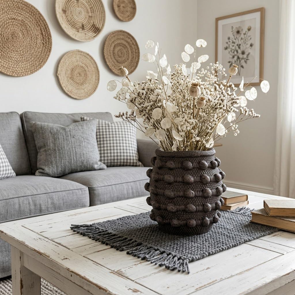 Rustic Farmhouse Vase, Boho Brown Vases for Pampas Grass Small Textured Knotted Vase for Flowers Decorative Cement Floral Vases for Home Decor, Living Room, Dining Table