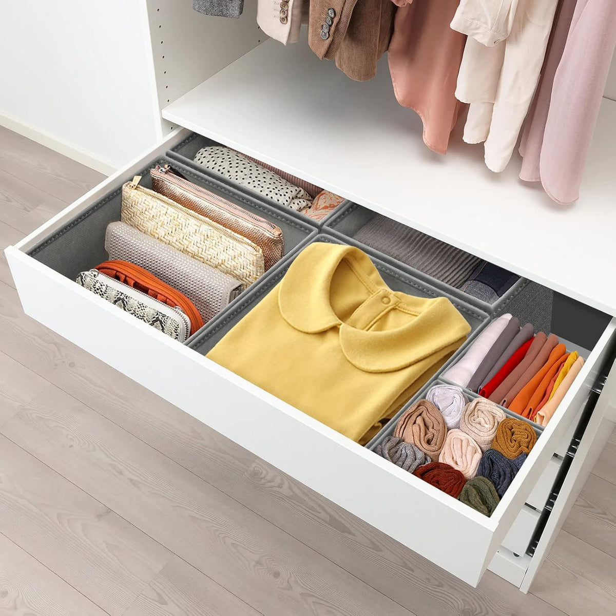 12 Pack Drawer Organizers for Clothing, Foldable Clothes Storage Box Closet Dresser Drawer Organizers Dividers, Bedroom Organization Fabric Bins for Baby Clothes Underwear Sock Bra Ties (Grey)