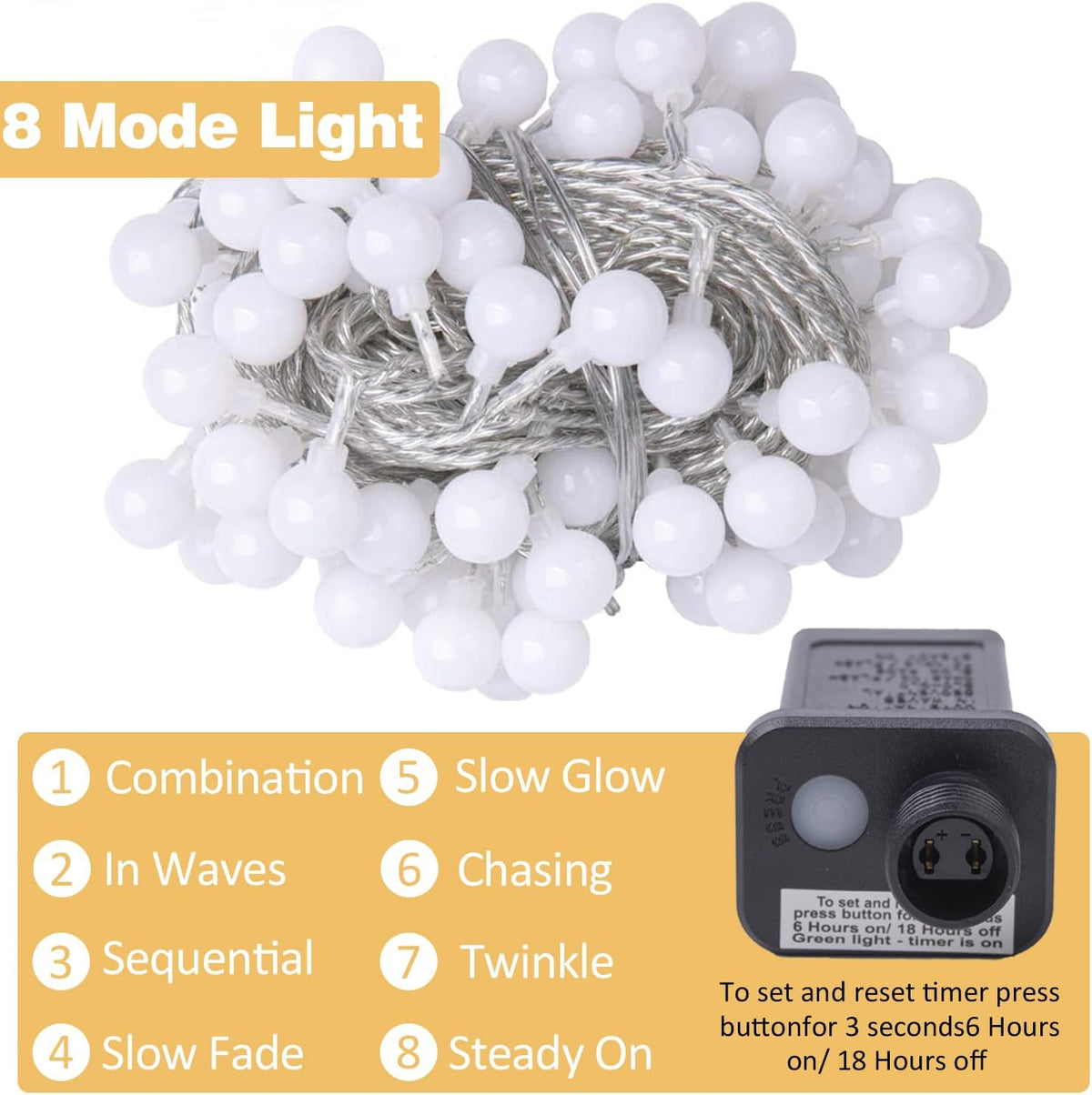Ogrmar 49FT 100 LED Globe Ball String Lights 8 Modes with Remote Multicolor