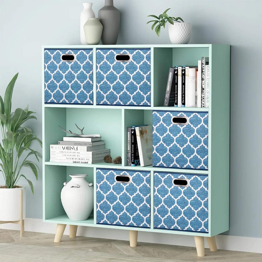 13x13x13 Inch Cube Storage Bins Blue Navy Foldable Grid Lantern Print Fabric Storage Basketes for Home Organizers Storage Drawer,QY-SC02-6