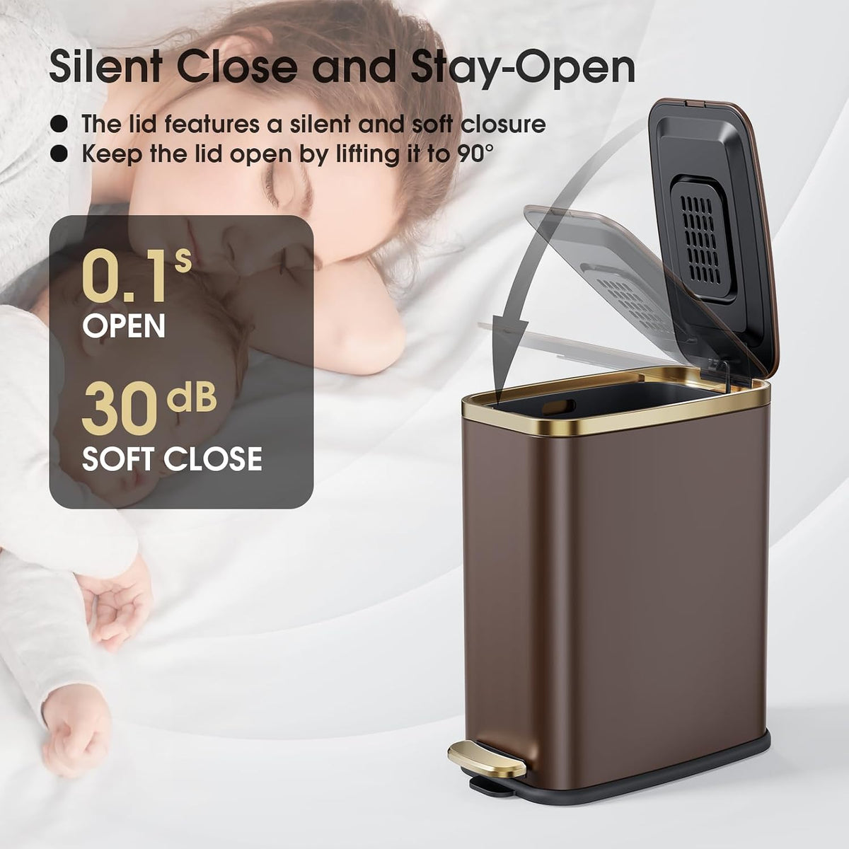 CEROELDA Small Bathroom Trash Can with Lid-5L/1.3 Gal-Soft Close Lid-Brown