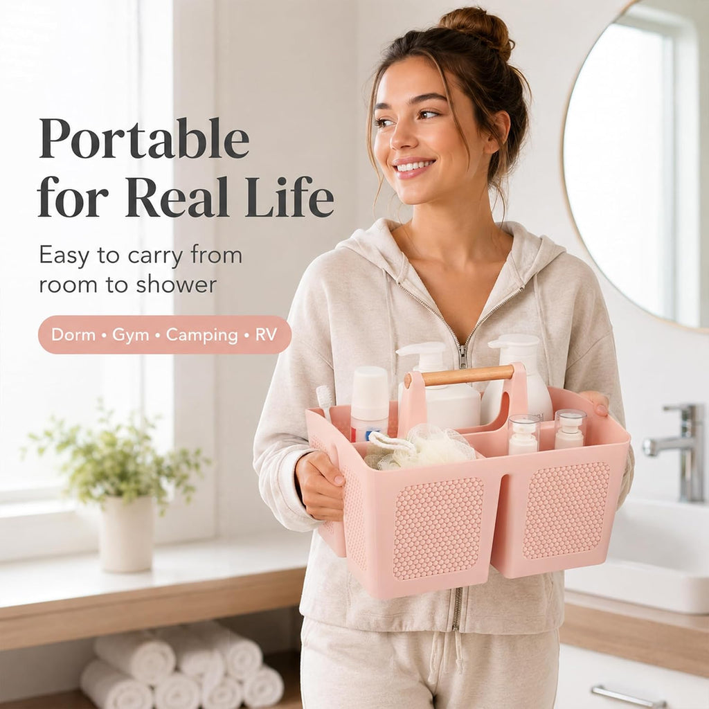 Haundry Portable Shower Caddy Basket with Handle, 3-Compartment Plastic Bathroom Organizer, Dorm Shower Basket for College Students, Quick Drain Storage Tote for Toiletries, Camping, Gym, RV
