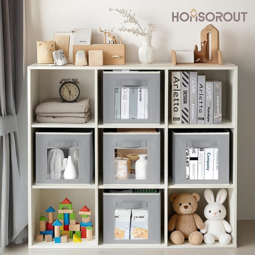 Homsorout Storage Cube 11 Inch - Cube Storage Bins with Window, Closet Storage Baskets with Handle, Fabric Bins for Closet, Shelves, Toys, Clothes, Set of 6, Grey