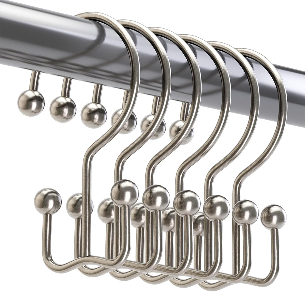 Titanker Shower Curtain Hooks Rings, Rust Resistant Metal Minimalist Simple Double Glide Shower Hooks Rings for Bathroom Shower Rods Curtains, Set of 12 Hooks - Nickel