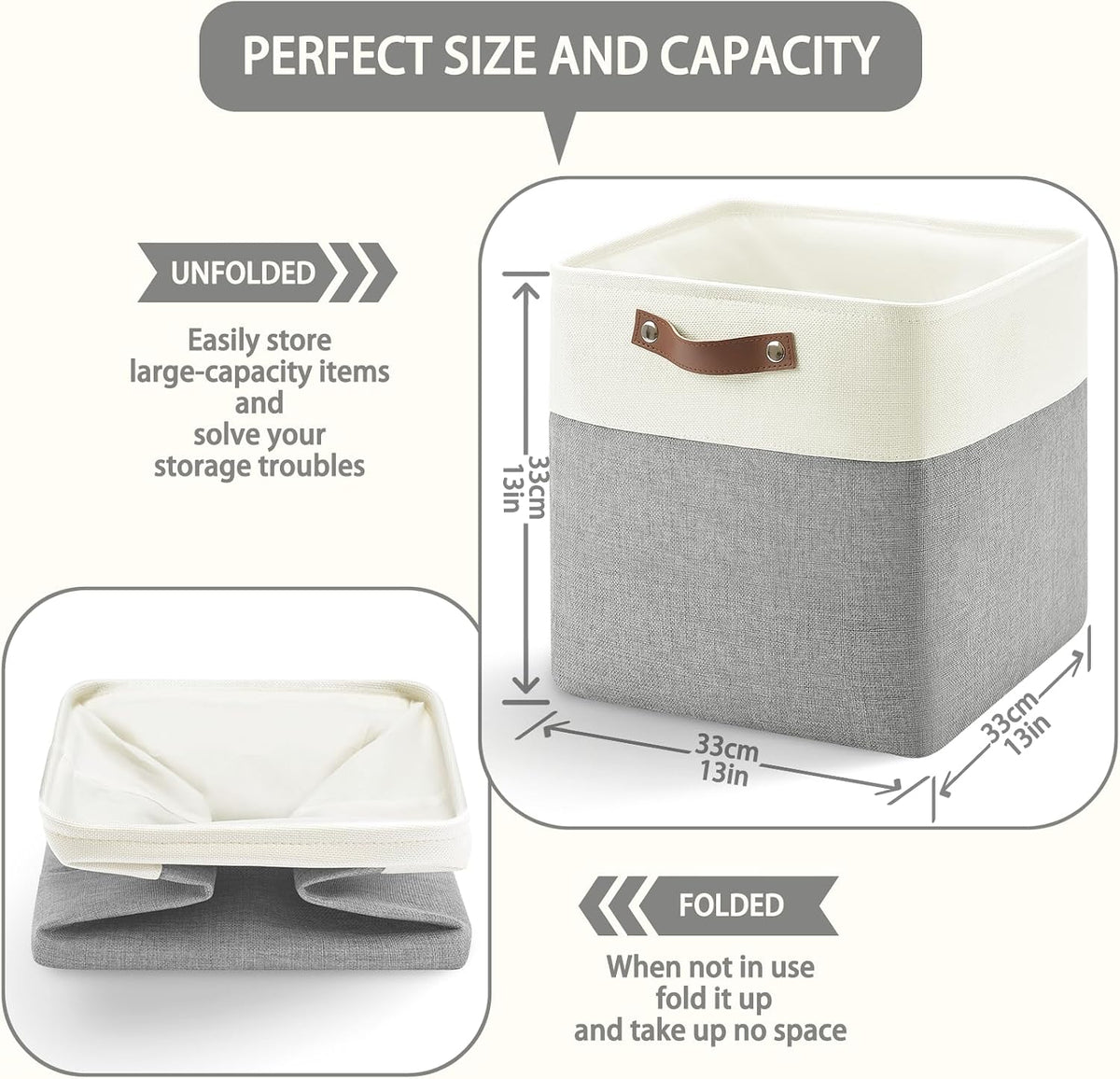 Patvingot Fabric Storage Cubes 13", 4 Pack, with PU Pull Handles,Foldable