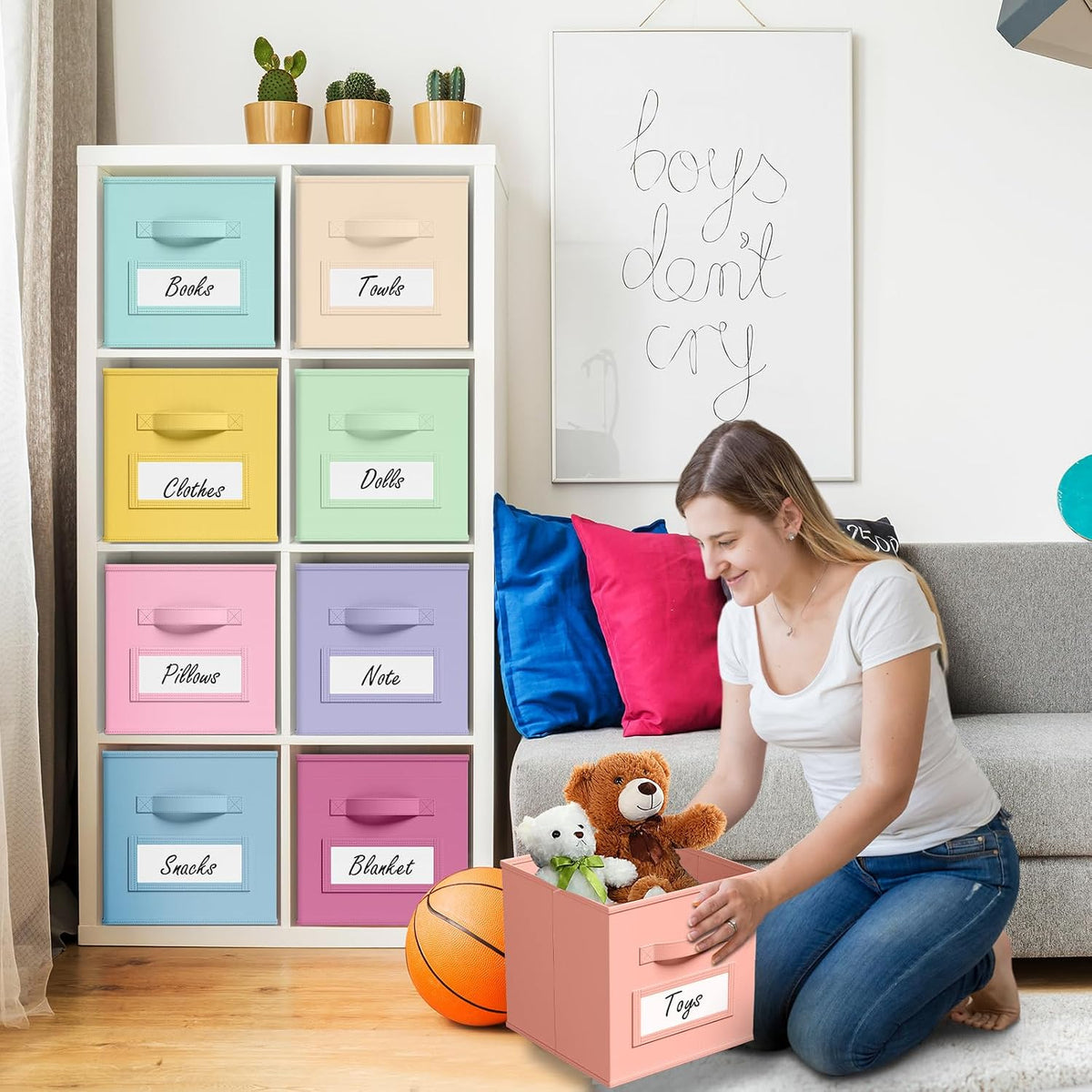 10 Pack Fabric Storage Cubes with Label 11" Collapsible Cube Bins, Macaroon
