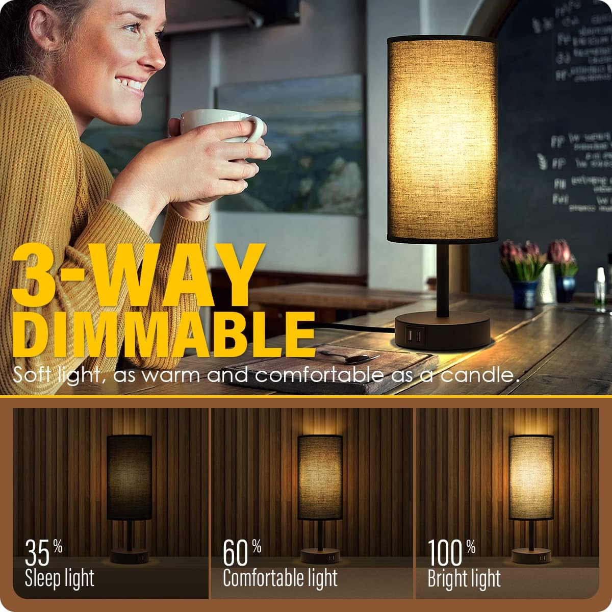 Yarra-Decor Bedside Lamps with USB Port - Touch Control Table Lamp for Bedroom 3 Way Dimmable Nightstand Lamp Set of 2 with Round Black Fabric Shade for Living Room, Dorm, Home Office (Black, 2 Pack)