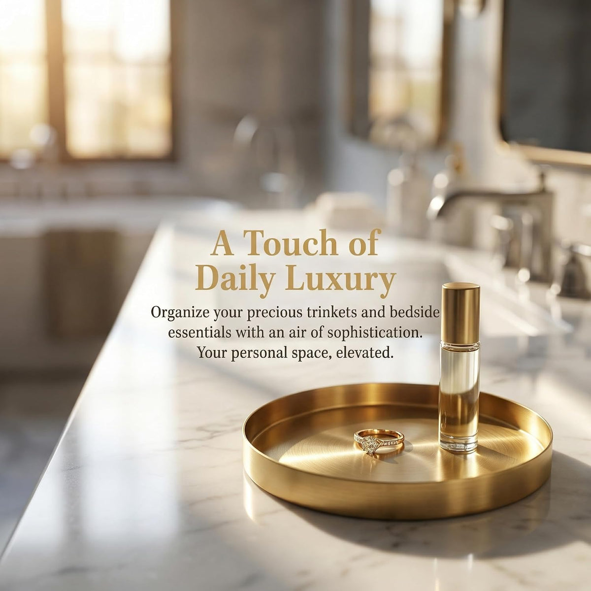 Jucoan 2 Pack 8 Inch Round Gold Tray, Decorative Small Round Vanity Tray, Circle Brass Gold Tray, Bathroom Storage Organizer Tray for Perfume Jewelry Food Coffee Tea Candle