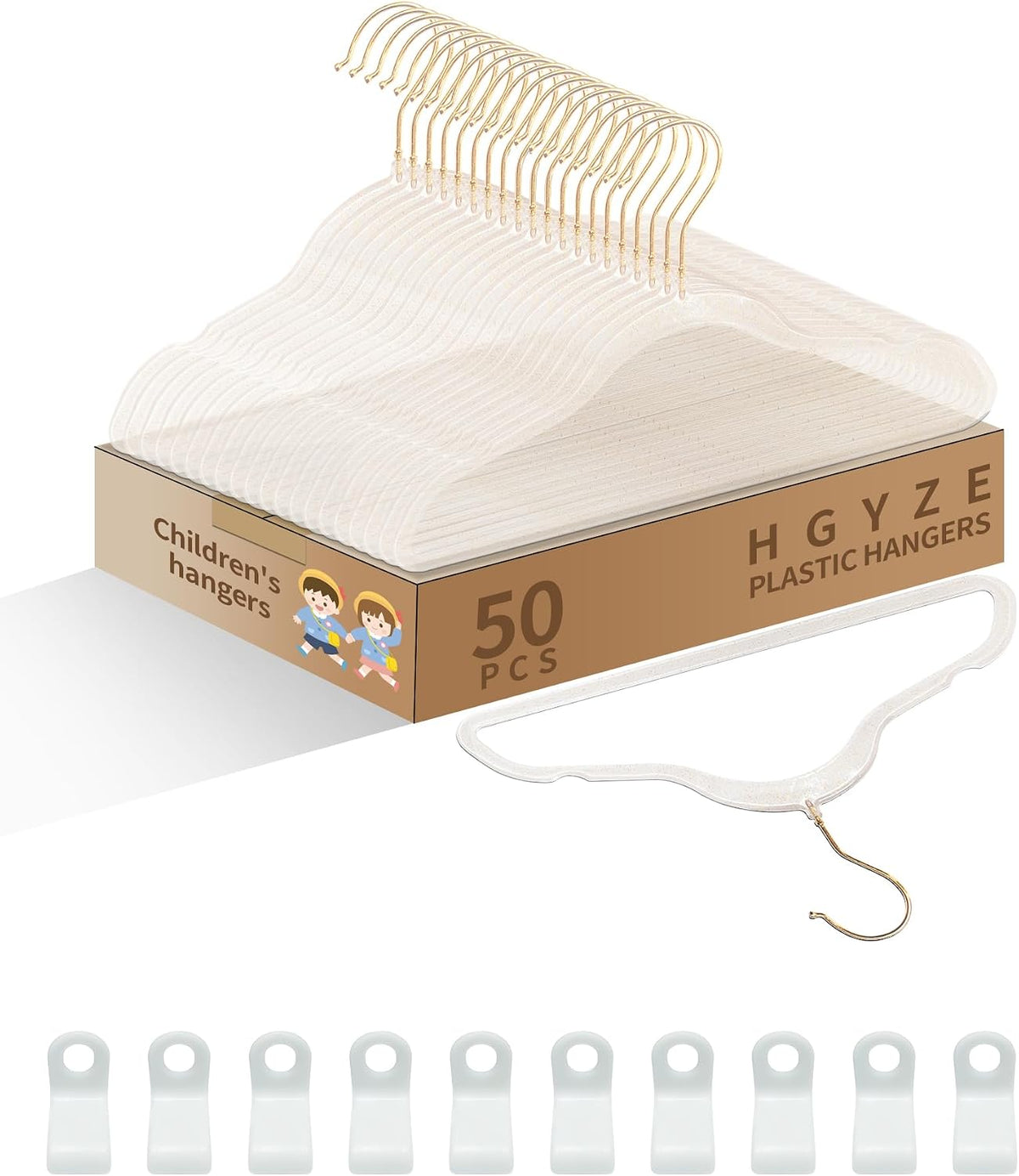 50pcs Slim Clear Toddler Hangers with 10 Connector Hooks for Kid's Closet