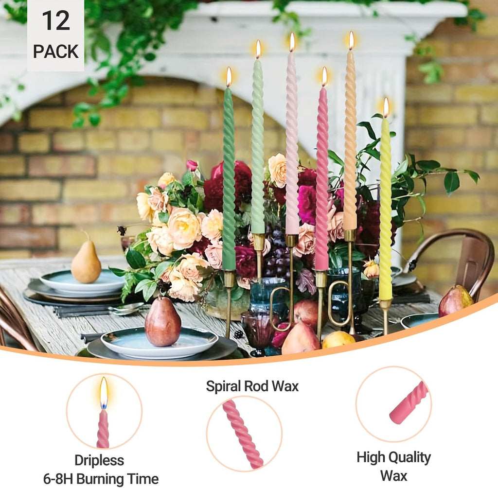 10 Inch Dopamine-Color Spiral Taper Candles for Home Decoration, 12 Pack Cream Twisted Candlesticks for Dinner Party Wedding Holiday