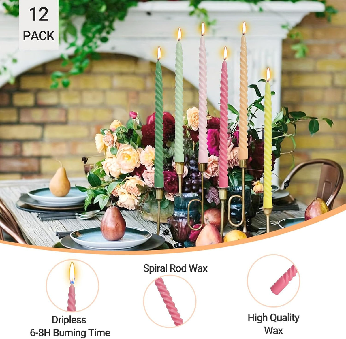 10 Inch Dopamine-Color Spiral Taper Candles for Home Decoration, 12 Pack Cream Twisted Candlesticks for Dinner Party Wedding Holiday