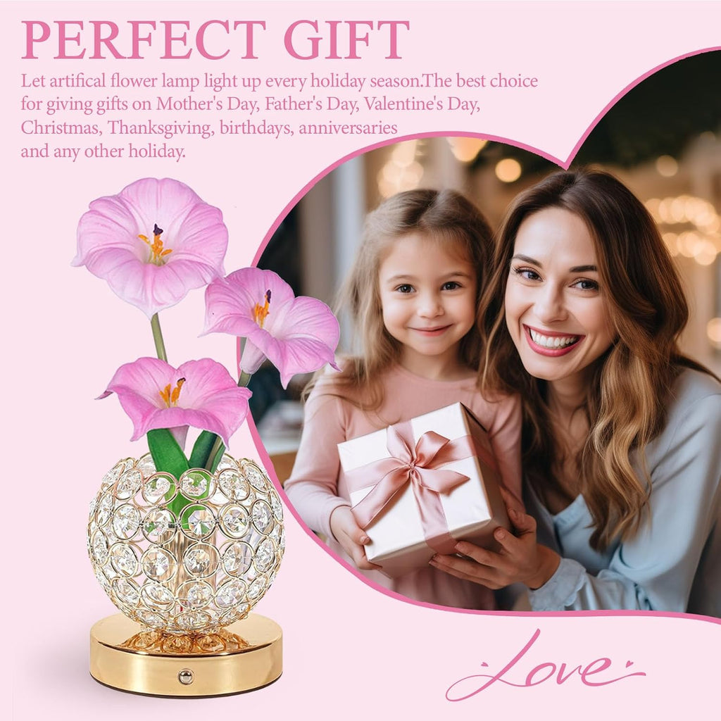 Flower Table Lamps, Rechargeable Cordless Desk Lamp, 3 Colors Dimmable Artificial Flowers Night Light, Morning Glory with Crystal Vase for Home Date Party Decoration (Morning Glory-Pink)