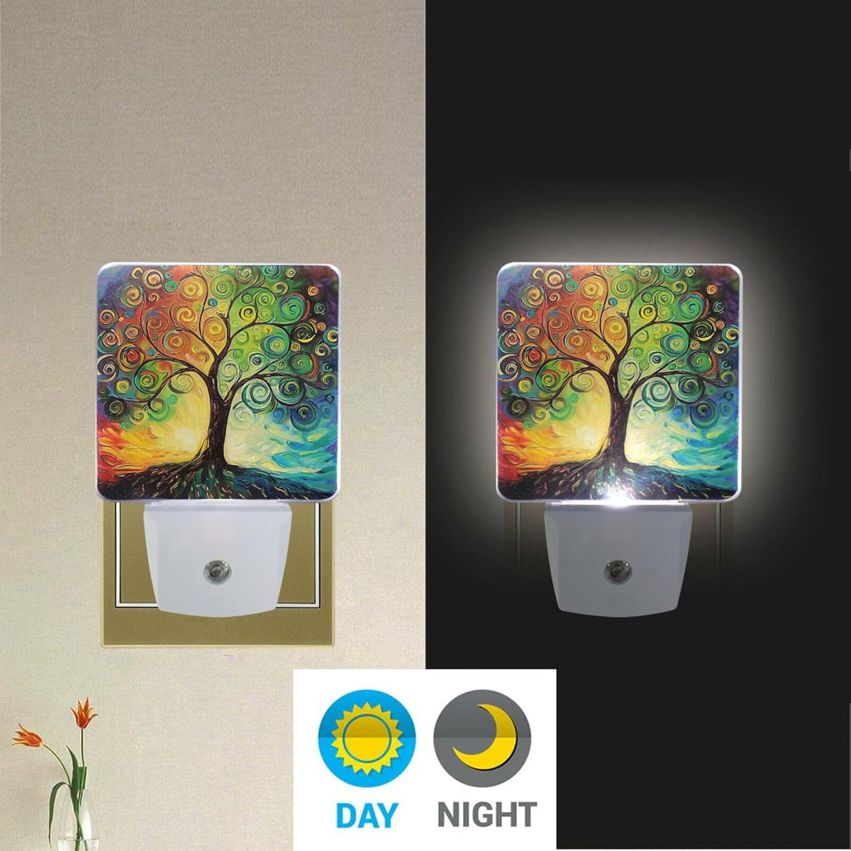 Vdsrup Rainbow Tree of Life Night Light Set of 2 Oil Painting Art Plug-in LED Nightlights Auto Dusk-to-Dawn Sensor Lamp for Bedroom Bathroom Kitchen Hallway Stairs