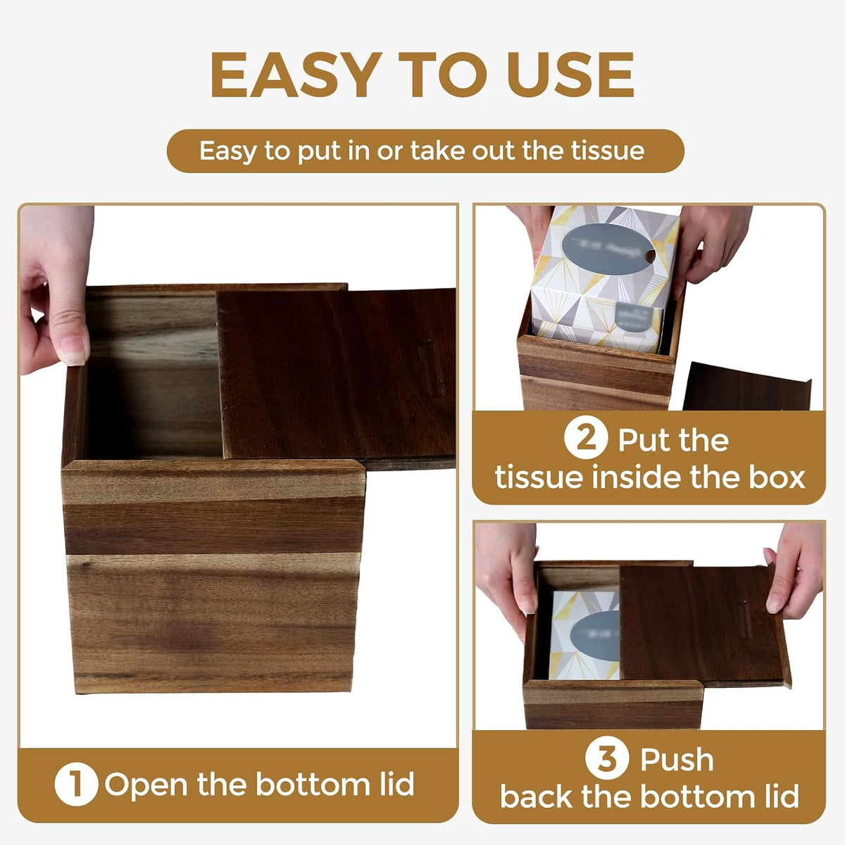 Wood Tissue Box Cover， Acacia Wood Tissue Box Cover Square, Decorative Cube Facial Wooden Tissue Box Holder with Slide-Out Bottom for Bathroom, Bedroom, Dinner Table, Office, Kitchen