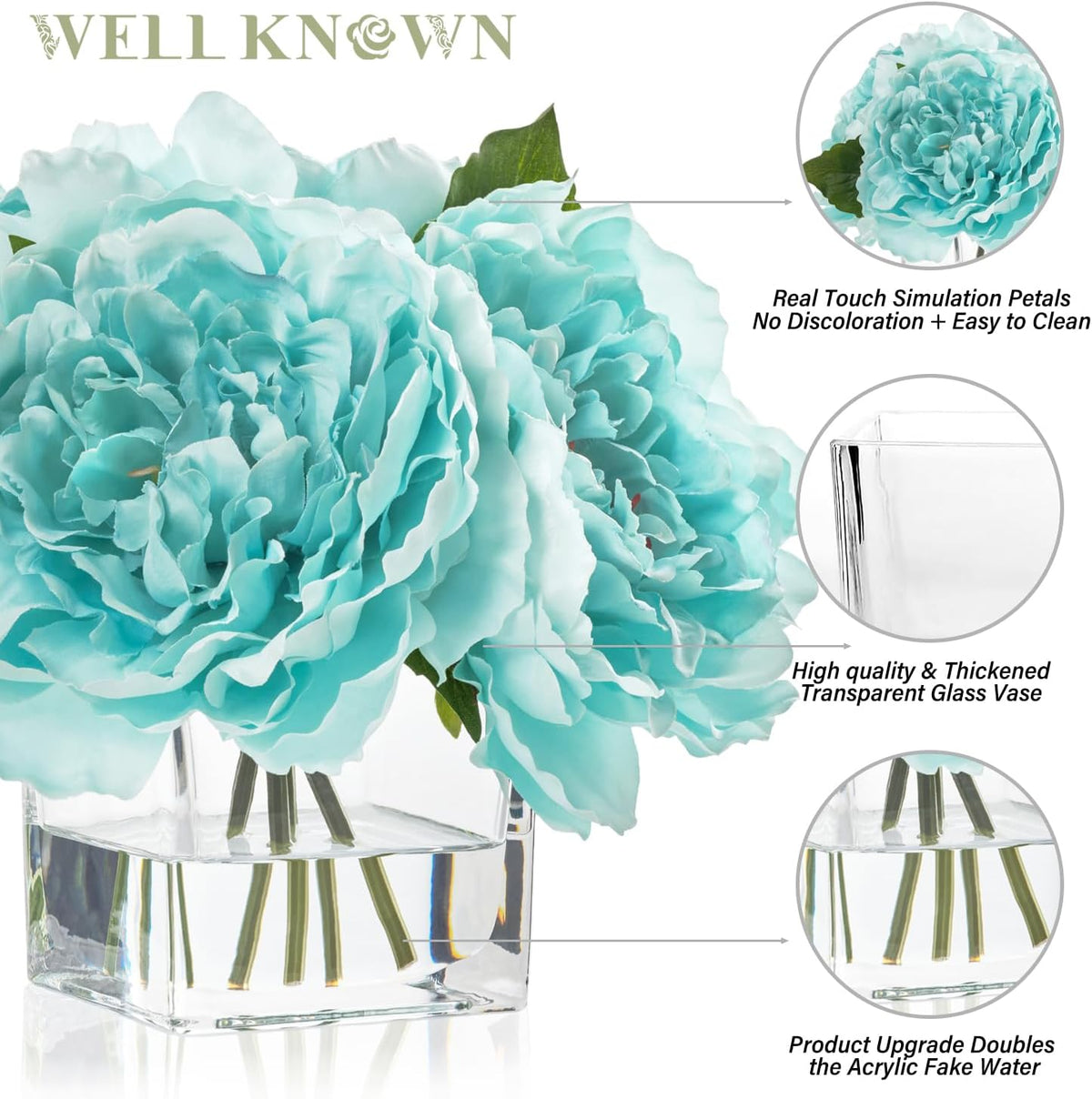 Artificial Peonies Flowers Arrangements in Cube Glass Vase, WELLKNOWN Silk Flower Centerpieces for Dining Room Table, Coffee Table Decor, Faux Peony Flowers with Faux Water(Light Teal Blue)