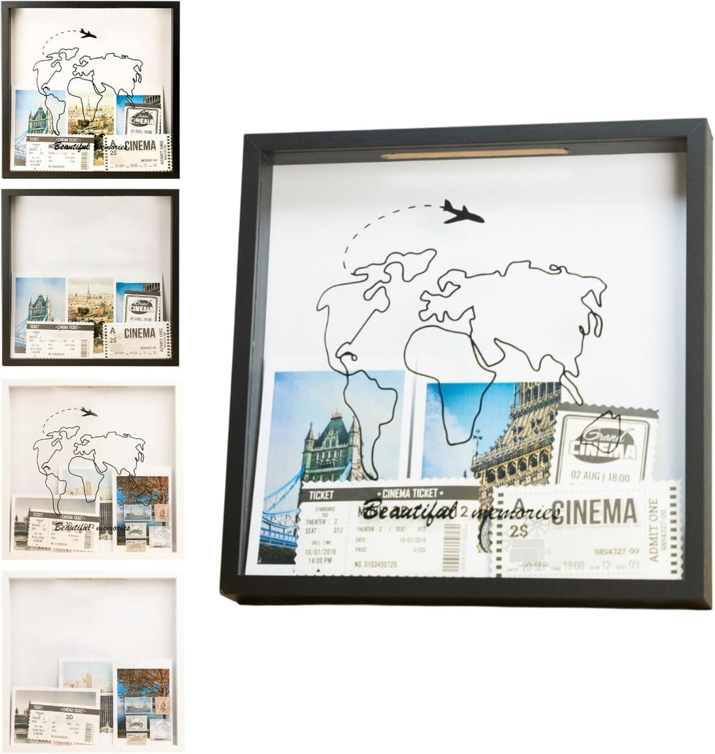 Adventure Archive Box, Travel Shadow Box with Slot, Shadow Box with Slot, Black and White, Store Memories: Money from Different Countries, Photos, Plane Tickets, Movie Tickets (Black, 8x8)