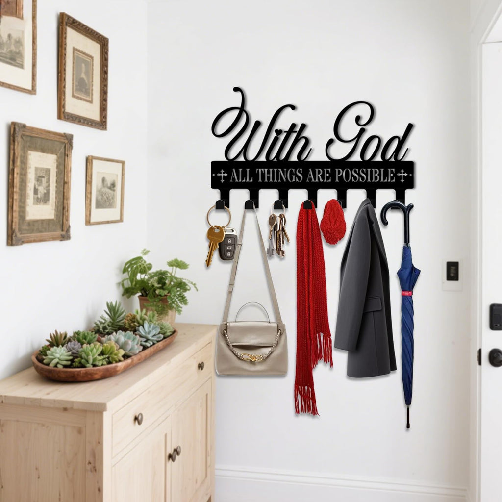 Key Holder Wall Mount, with God All Things are Possible Sign, Key Holder Wall for Wall Decorative with 6 Hooks, Organizer Rack Hanger for Entryway, Front Door, Hallway, Office 9.8 inches