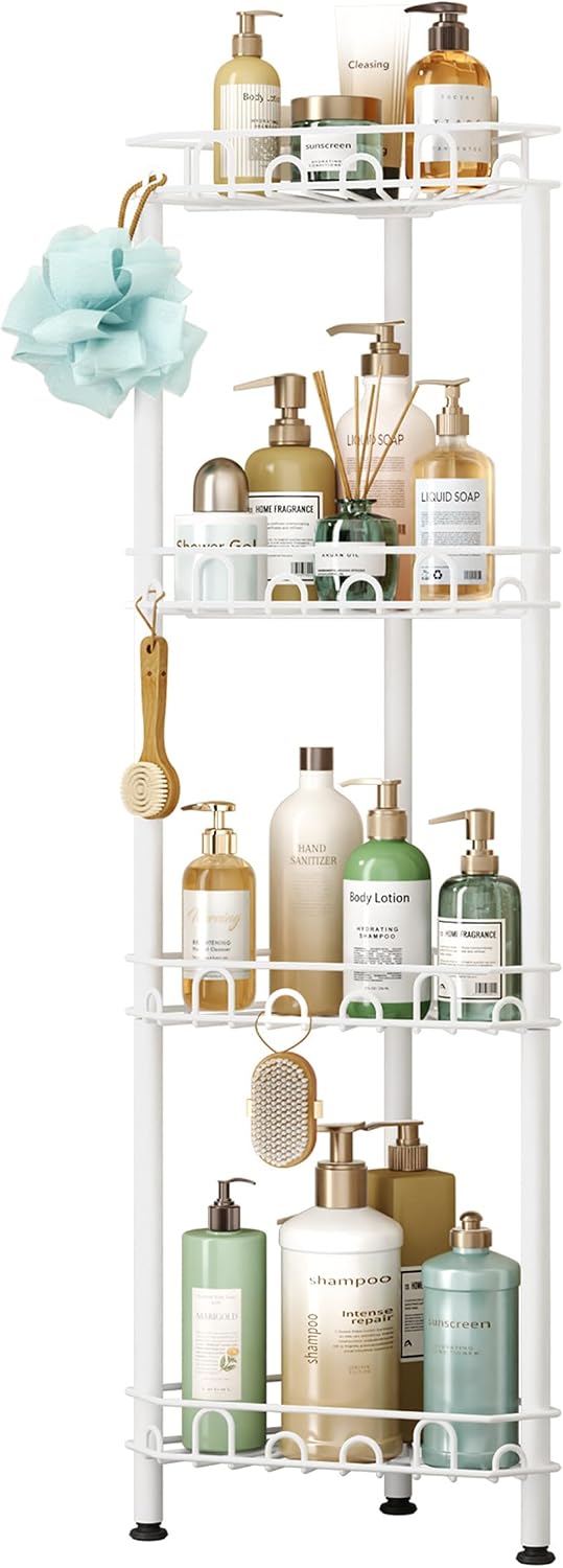 SWTYMIKI Standing Shower Caddy Corner - 4‑Tier Stainless Steel Shower Organizer Shelf with 16 Hooks and Adhesive Pads, Rustproof Corner Shelves Stand Rack for Bathroom Shower Room, white