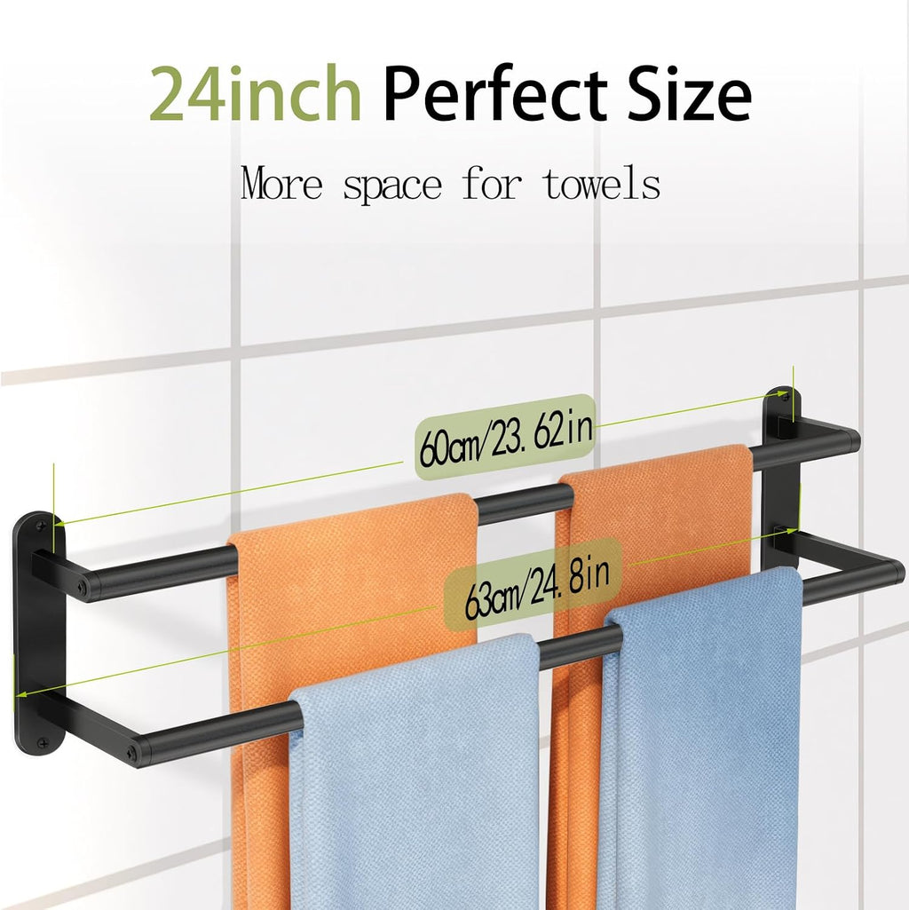 Towel Racks for Bathroom, Double Towel Bar 24Inch, Stainless Steel Bathroom Towel Holder, Double Towel Rod Wall Mounted Towel Hanger, Bathroom Towel Rack(Matte Black)