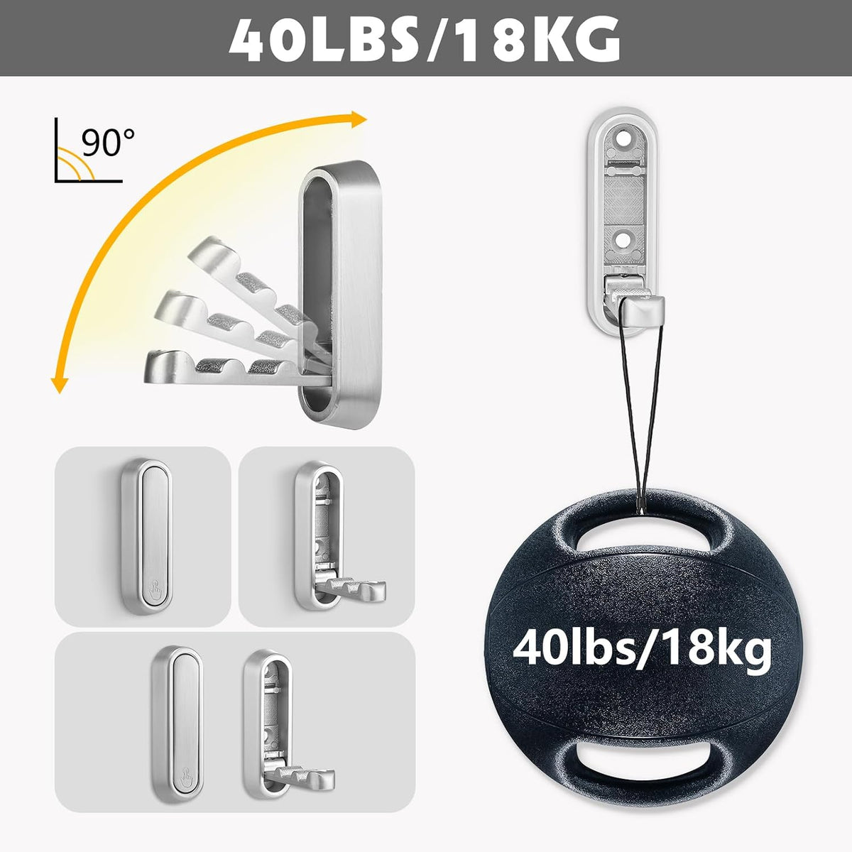 Foldable Wall Hook, Silver, 4 Pack, Screw Mounted, Heavy Duty Coat Hooks