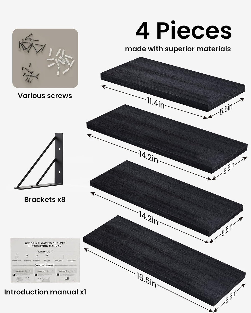 BAYKA Wall Mounted Black Floating Shelves for Wall (Set of 4, 16.5" Mixed)