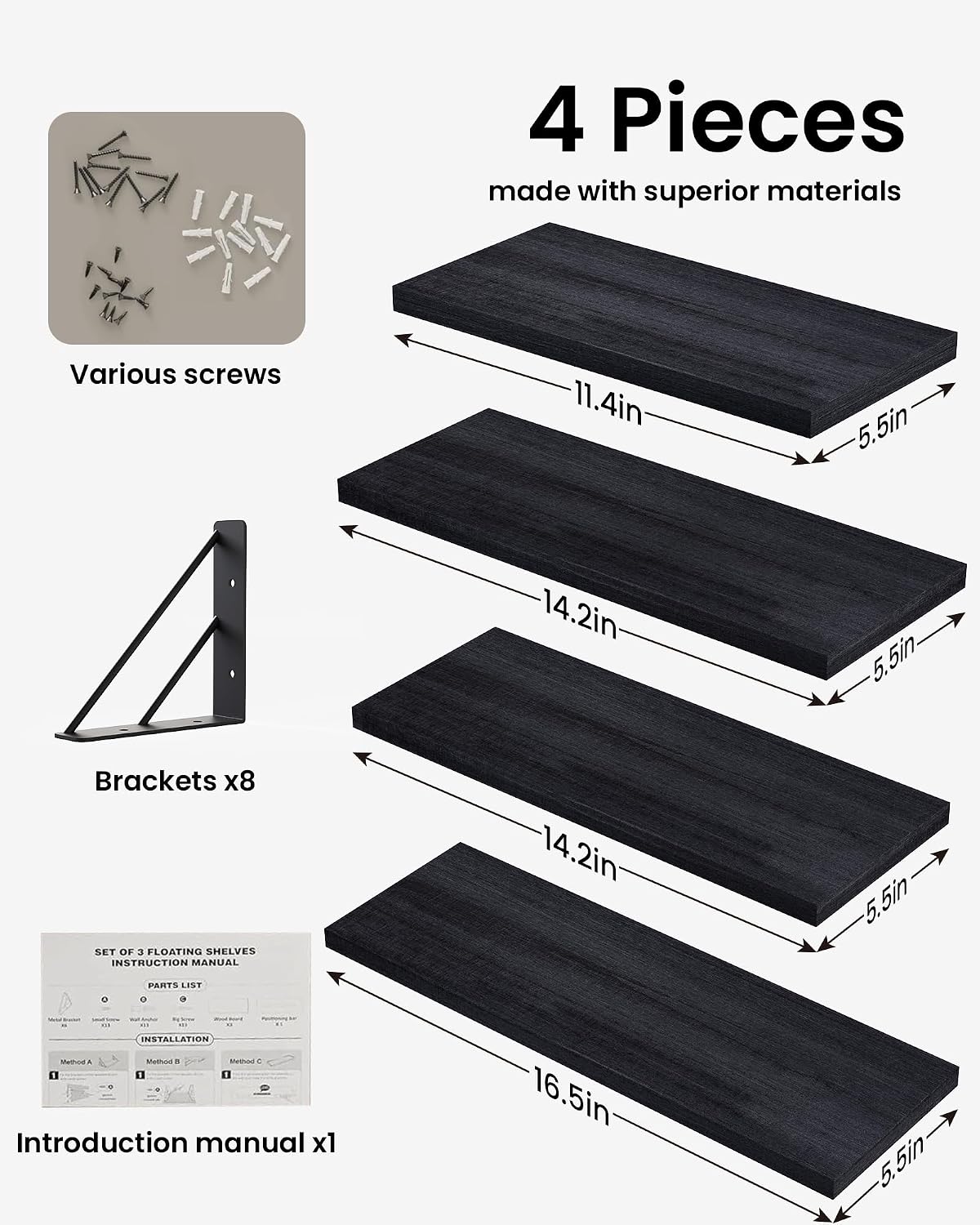 BAYKA Wall Mounted Black Floating Shelves for Wall (Set of 4, 16.5" Mixed)