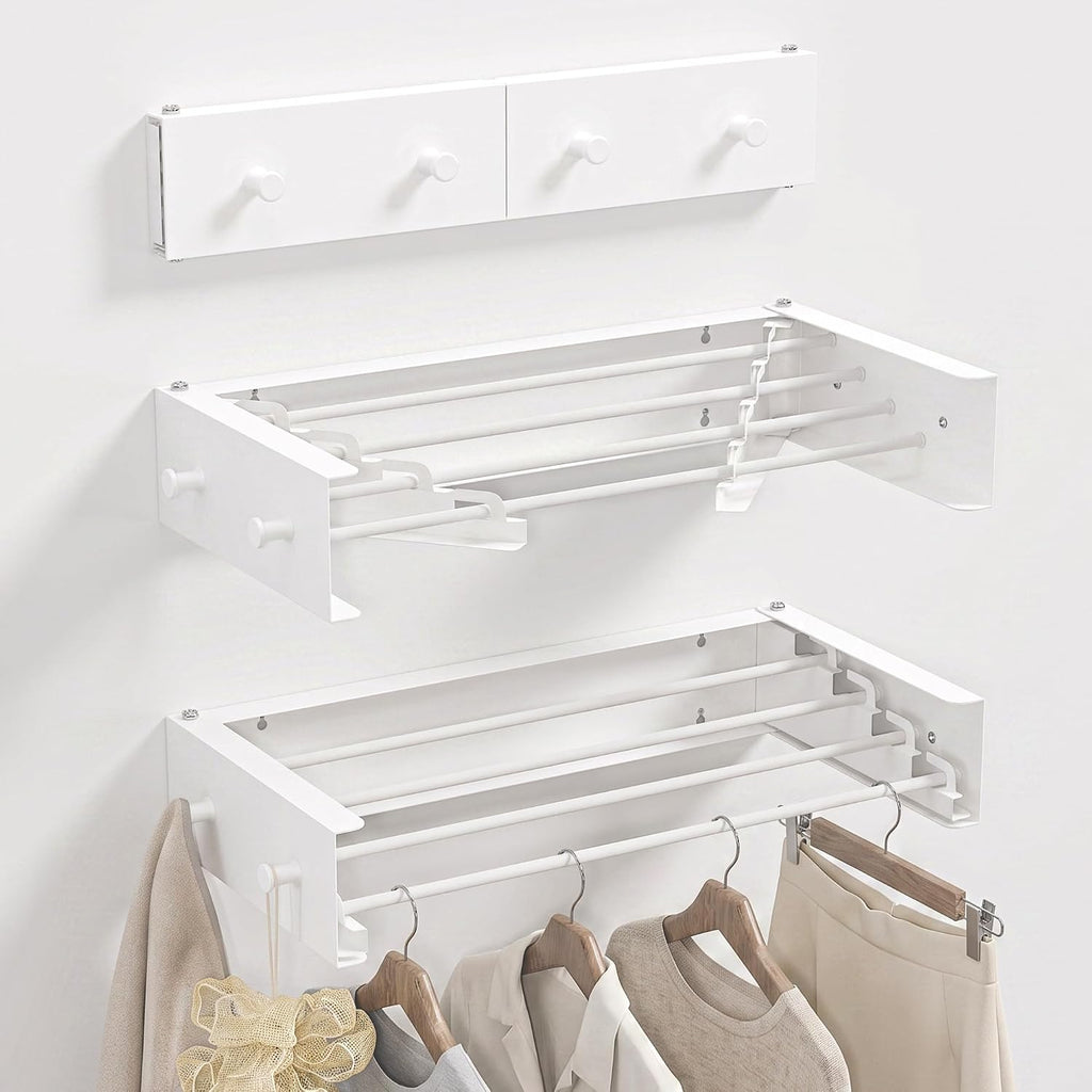 RFOUO Wall Mounted Clothes Drying Rack,White 19.7" with Hooks