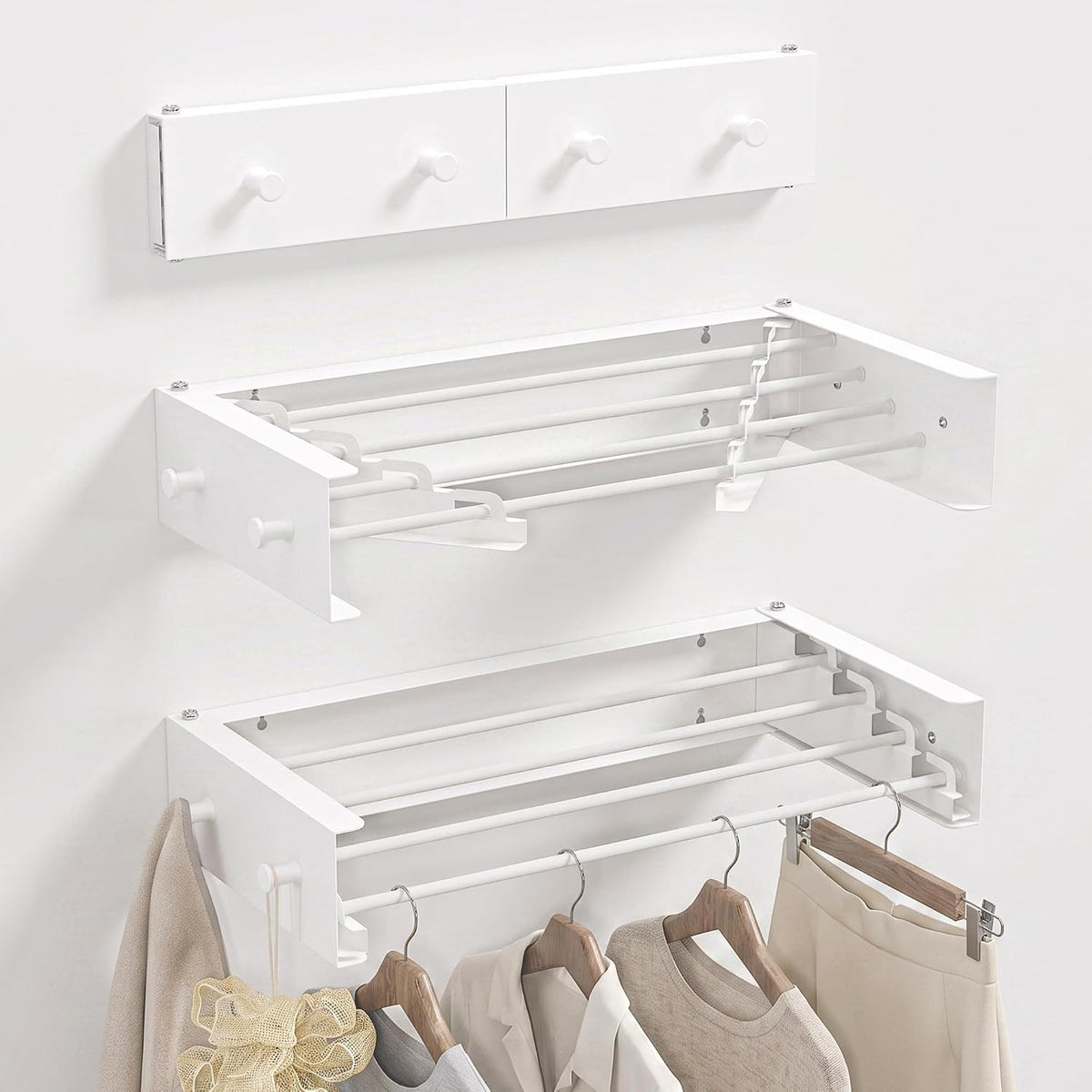 RFOUO Wall Mounted Clothes Drying Rack,White 19.7" with Hooks