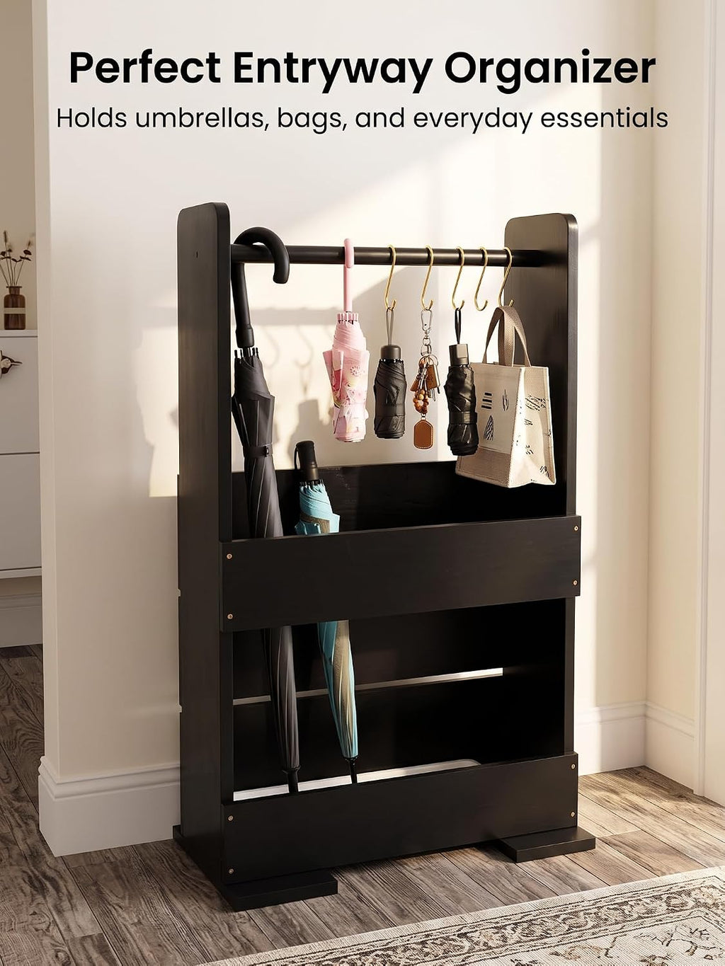 Solid Wood Umbrella Stand with Removable Drip Tray 5 Hooks