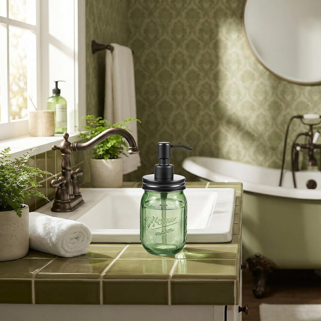 Amolliar Green Glass Mason Jar Liquid Soap Dispenser, 16OZ, Black 2 Pack