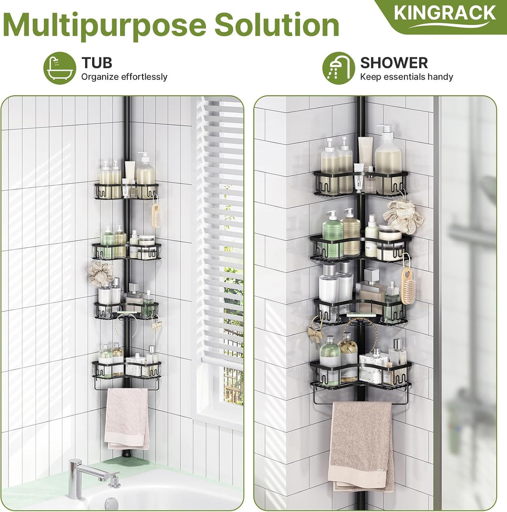 KINGRACK Corner Shower Caddy, 4‑Tier Tension‑Rod Shower Organizer, Black