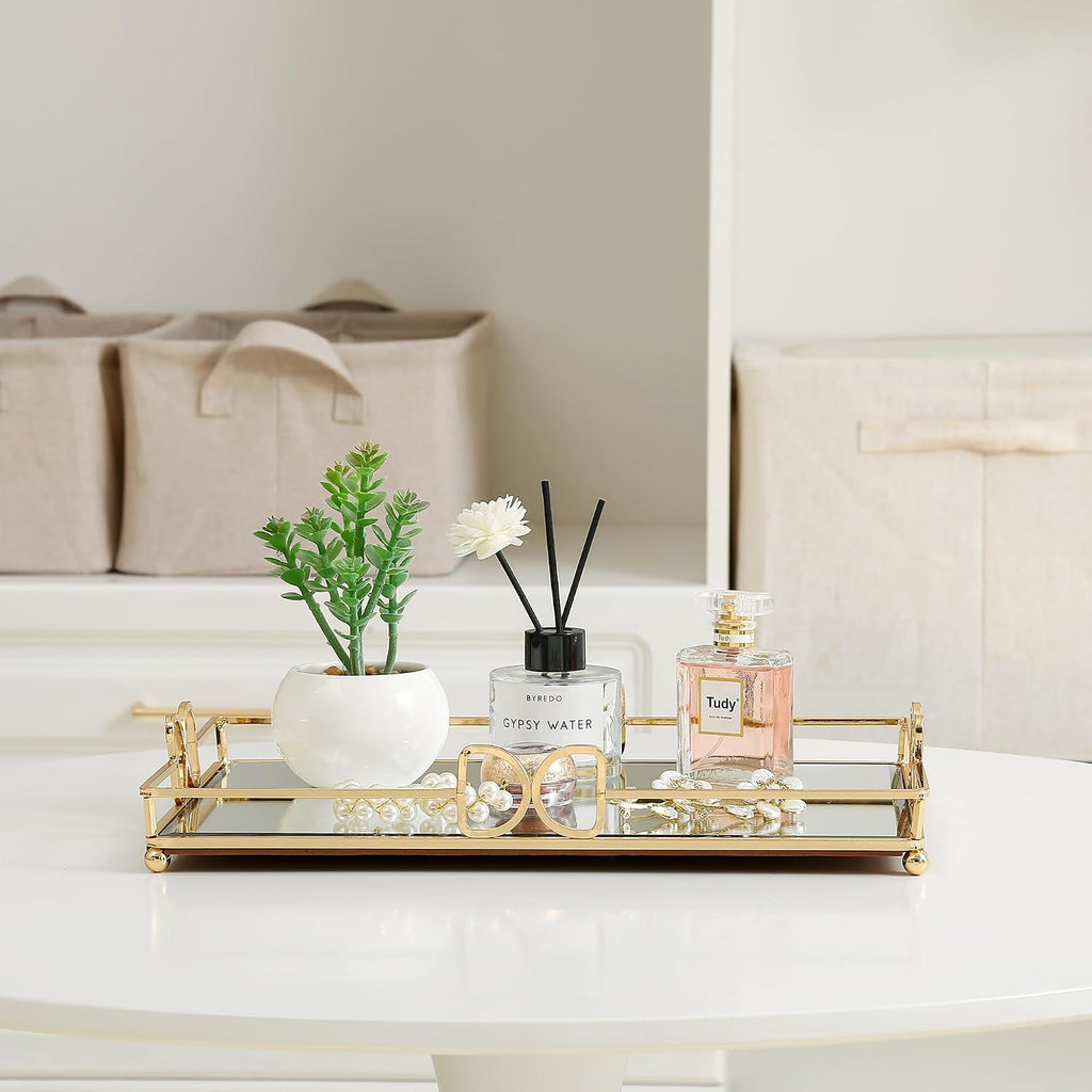 Large Gold Mirrored Tray for Makeup Vanity, 14x10 Entire Length Perfume Organizer for Dresser Top, Elegant Decorative Countertop Storage