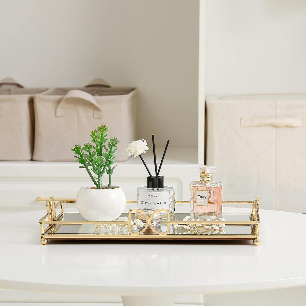 Large Gold Mirrored Tray for Makeup Vanity, 14x10 Entire Length Perfume Organizer for Dresser Top, Elegant Decorative Countertop Storage