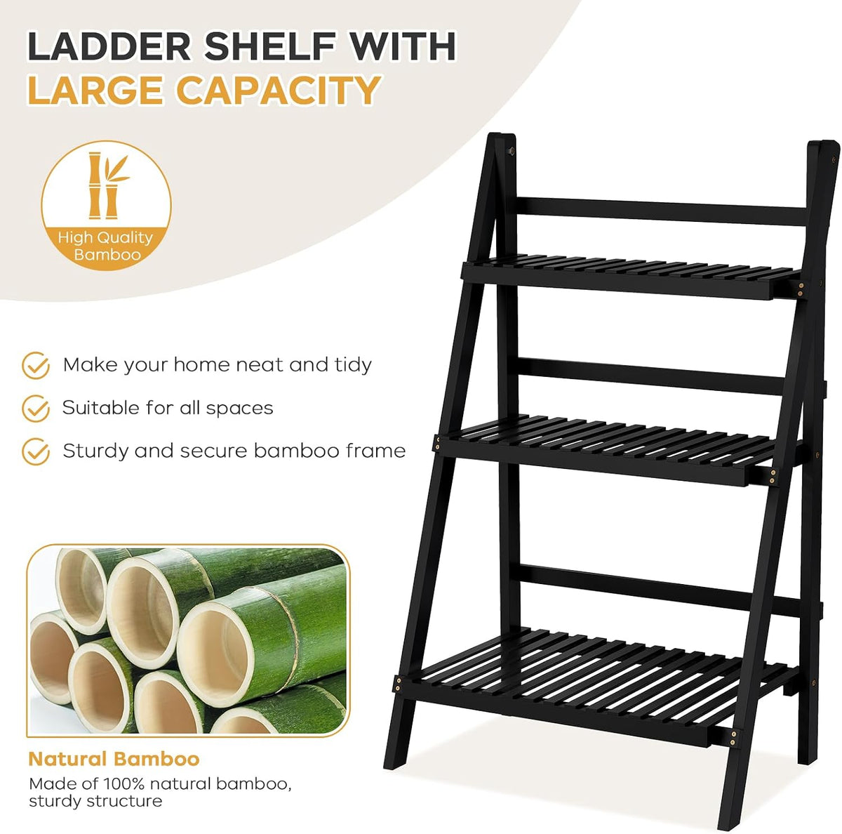 39.4" Foldable Ladder Shelf Plant Shelf, 3 Tier Bamboo Ladder Bookshelf