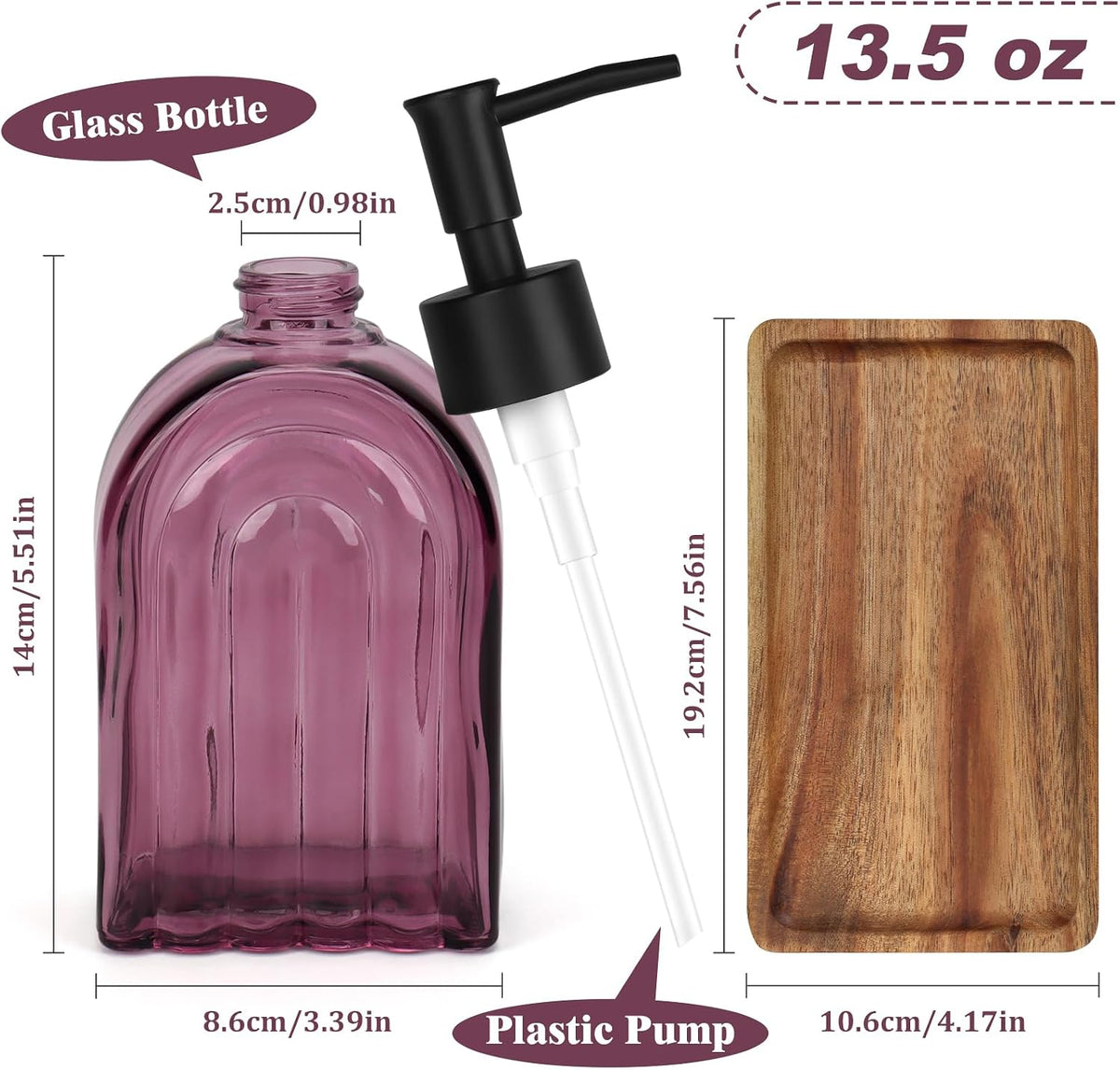 Glass Soap Dispenser Set with Wooden Tray, 13.5Oz Refillable Liquid Modern Soap Dispenser with Plastic Pump for Hand and Dish Set for Bathroom Countertop Decor (Purple)