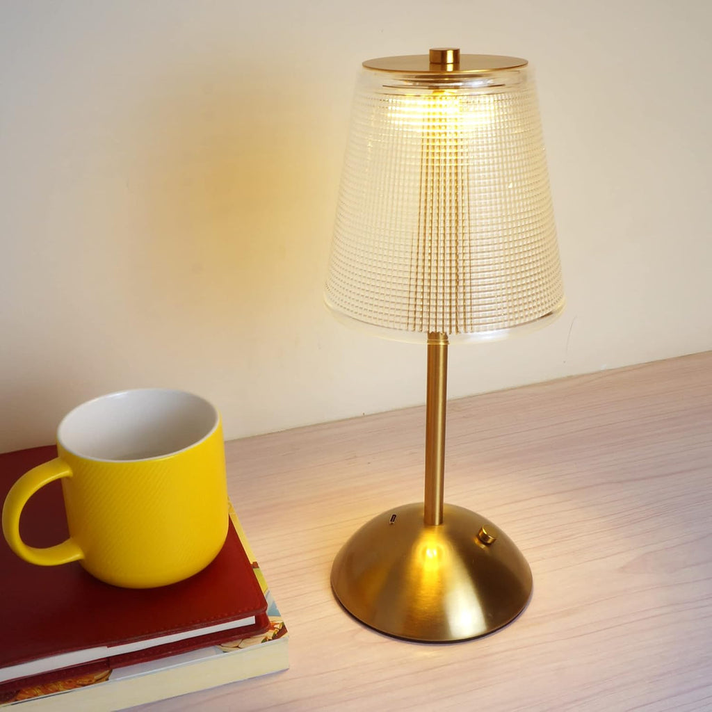 Cordless Rechargeable Metal Table Lamp, Cube Shade, Gold