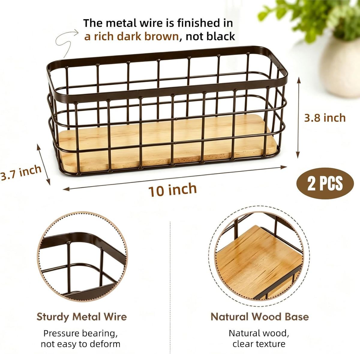 Dicunoy Set of 2 Small Wire Baskets, Narrow Rustic Storage Bin for Bathroom Counter, Farmhouse RectangleOrganizer Tray for Kitchen Countertop, Pantry, RV, School Classrooms, Office Decorative