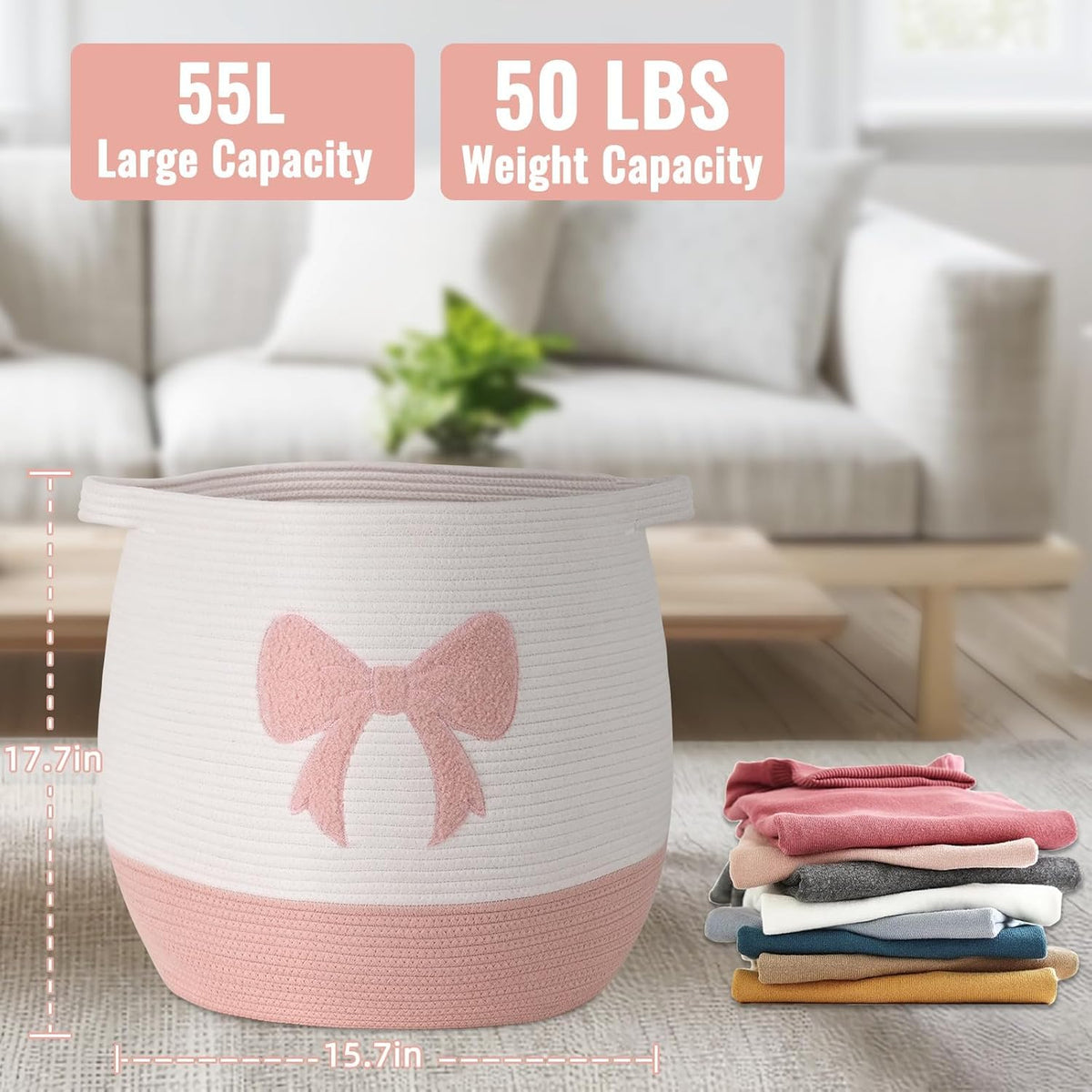 Large Baby Laundry Hamper, Pink Bow Laundry Basket for Baby Girl, Toy and Blanket Storage Basket for Nursery and Playroom, Cotton Rope Hamper for Kids, 17.7"x15.7"