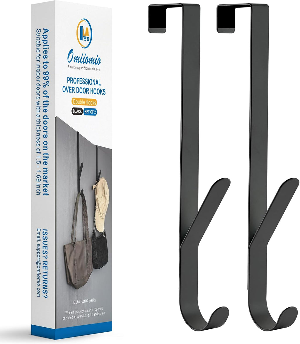 Over The Door Double Hanger Hooks, Metal Twin Hooks Organizer for Hanging Coats, Hats, Robes, Towels - Black - Set of 2
