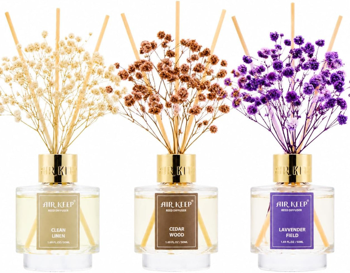 Airkeep Reed Diffuser Set of 3,Clean Linen Lavender Field Cedar Wood Oil Reed Diffusers for Bedroom Living Room Office Aromatherapy Oil Reed Diffuser for Gift 50ml x 3