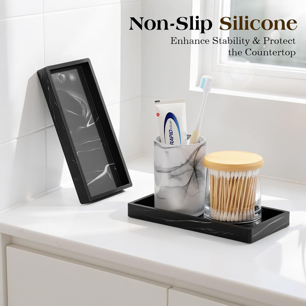Luxspire 2 Pack Silicone Bathroom Tray 7.9" Vanity Tray, Marble Black