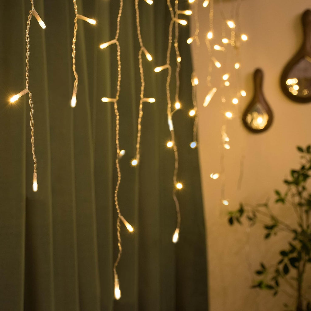 YOLIGHT Icicle Christmas Lights 13ft 96 LEDs Icicle String Lights 8 Modes Twinkle Curtain Fairy Lights, Indoor Room Patio Garden Bedroom Wedding Halloween Party Decoration (Warm White)