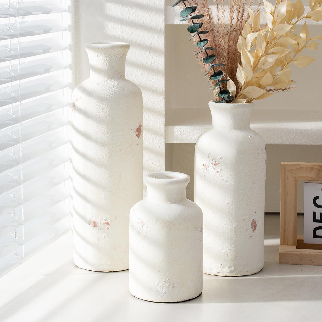 Vintage Ceramic Flower Vase Set of 3, Rustic Farmhouse Vase for Home Decor, Distressed Decorative Vase for Table Entryway Mantel Centerpiece Living Room Bathroom Bedroom (Weathered White)