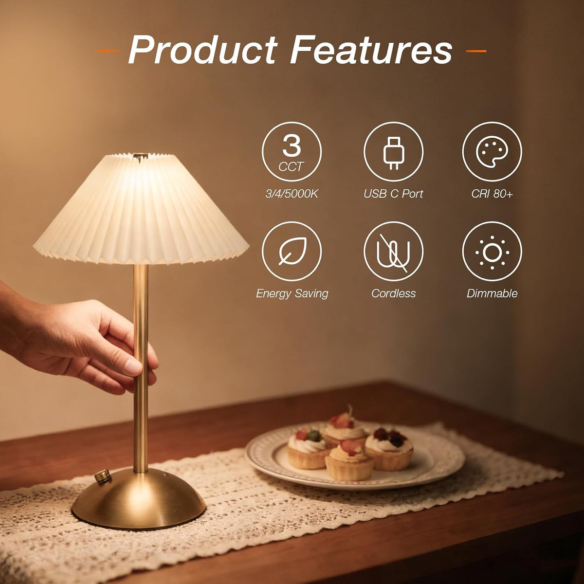 LEDVANCE Sylvania Cordless Lamp, LED Rechargeable Table Lamp with Battery Operated, USB-C, 3 Color Temperatures (3000/4000/5000K), Dimmable, Bedroom, Night Light, Coffee Shop, Brass - 1 Pack (66874)