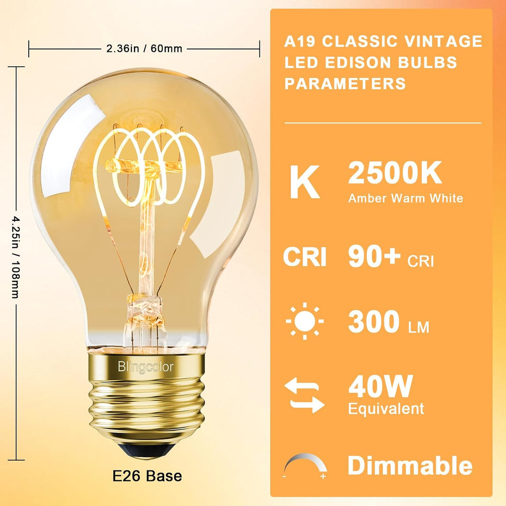 Dimmable E26 4W LED A19 Vintage Edison Decorative Light Bulbs 40 Watt 2500K