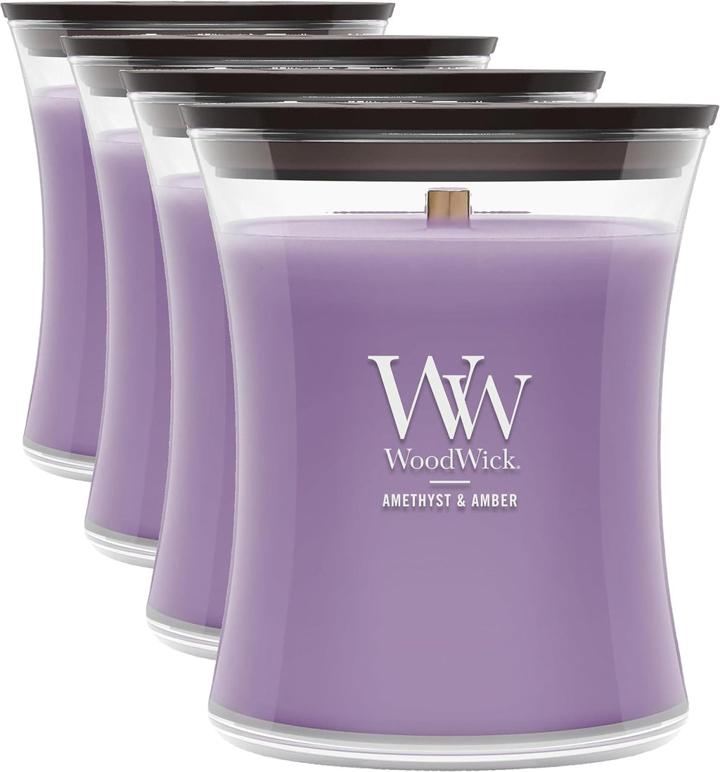 WoodWick Amethyst & Amber Gifts for Women and Men, 9.7 oz Medium Hourglass Candle with Crackling Wick (Pack of 4)