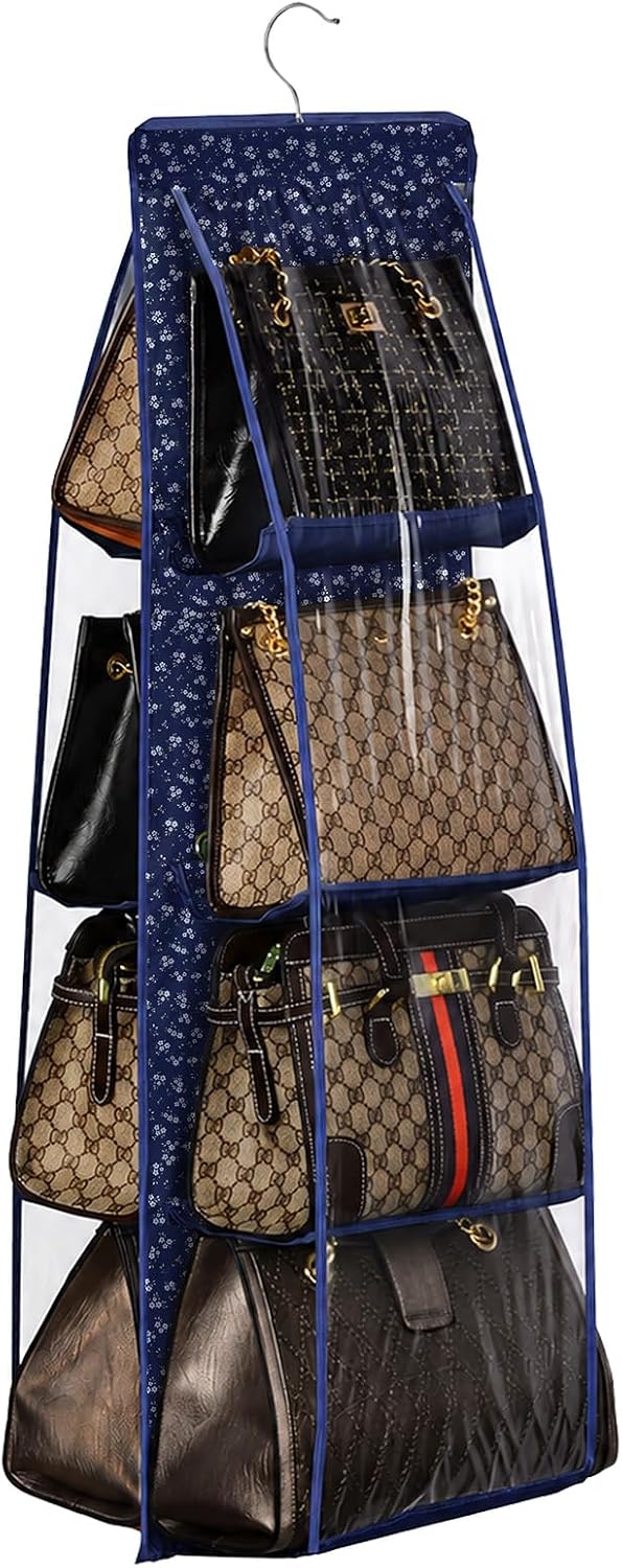 Lirex Handbag Hanging Purse Organizer for Closet, 8 Pocket Handbag Storage Organizer Hanger Oxford Cloth Closet Organizer for Family Closet Bedroom, Foldable and Universal Fit, Blue White Floral