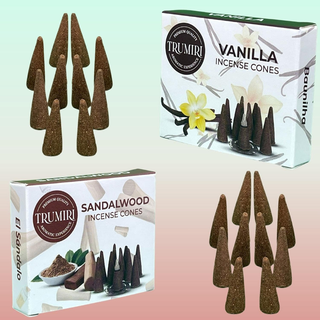 TRUMIRI Incense Cones - Combo Pack of 20 Cone Incense - 10 Vanilla + 10 Sandalwood - Insence Cones - Incense Cones Scented - Cone Incense Scents - Insense Cones - Incent Cone